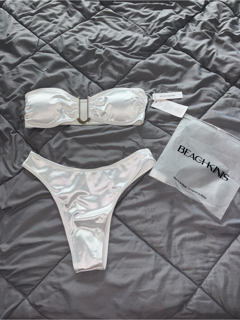 Iridescent White Bandeau Bikini Set with Front Clasp
